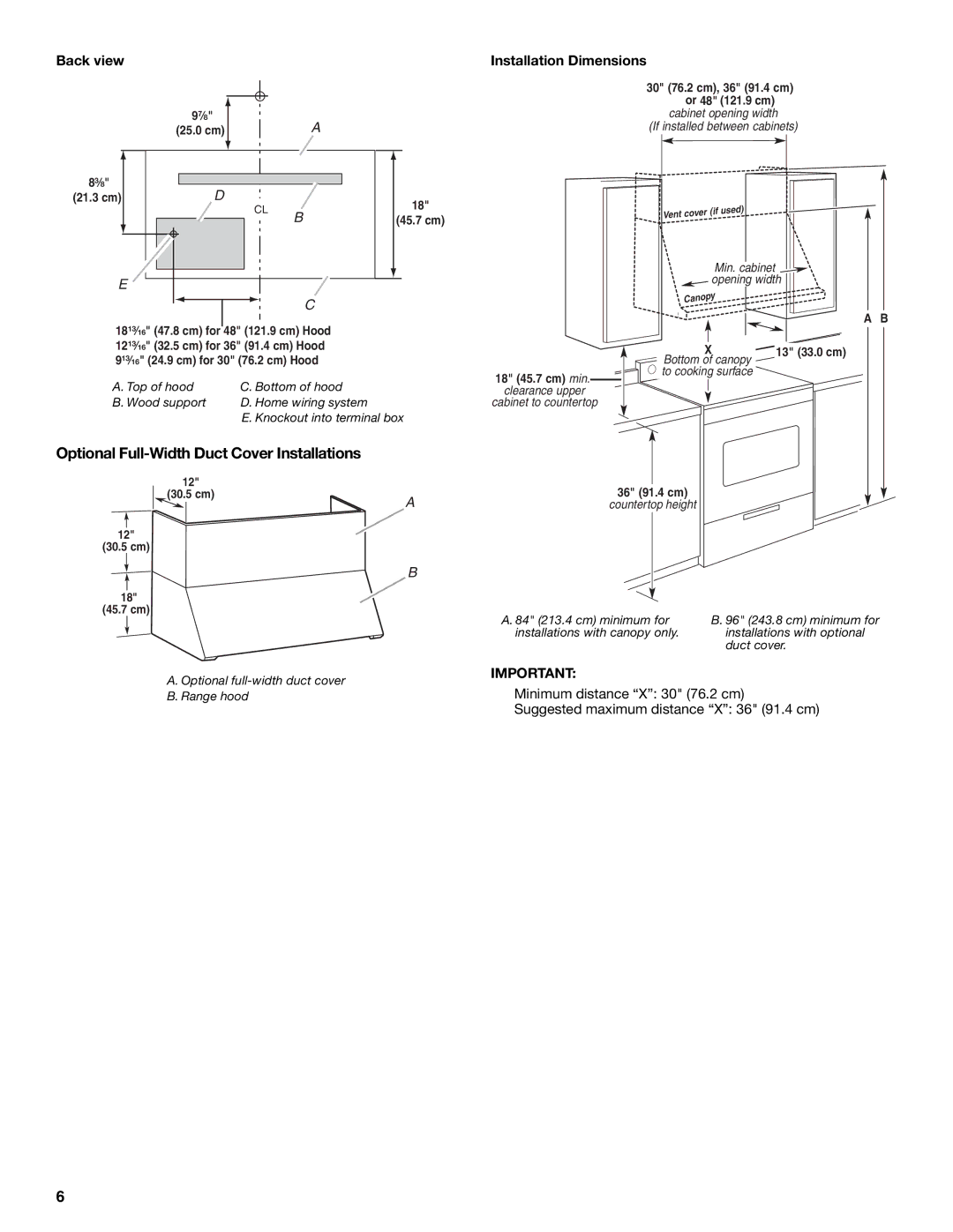 Jenn-Air W10274316B, LI3UNB Optional Full-Width Duct Cover Installations, Back view, Installation Dimensions 