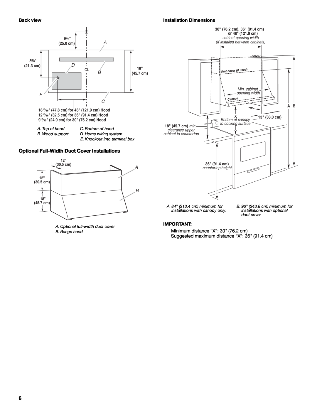 Jenn-Air W10274316B Optional Full-WidthDuct Cover Installations, Back view, Installation Dimensions, 9⁷⁄₈, 25.0 cm, 8³⁄₈ 