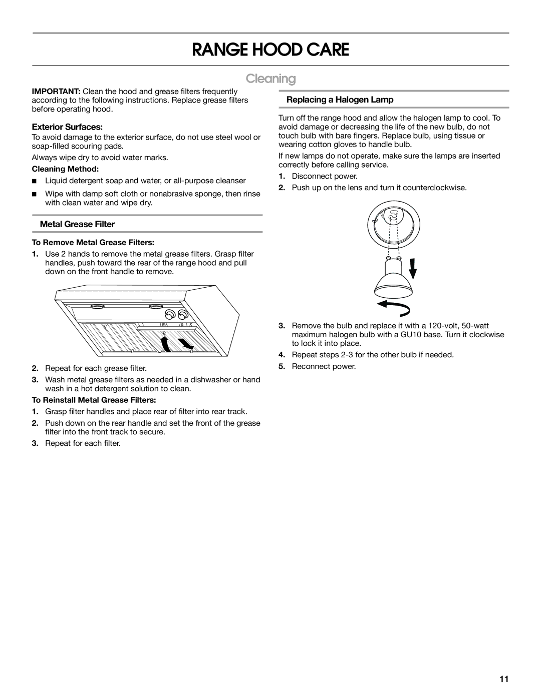 Jenn-Air LI3V3A, W10274318A Range Hood Care, Cleaning, Exterior Surfaces, Metal Grease Filter, Replacing a Halogen Lamp 