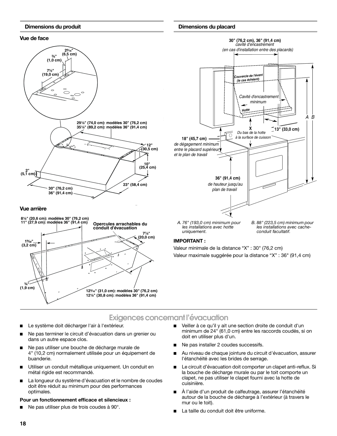 Jenn-Air W10274318A, LI3V3A Exigences concernant l’évacuation, Dimensions du produit Dimensions du placard Vue de face 