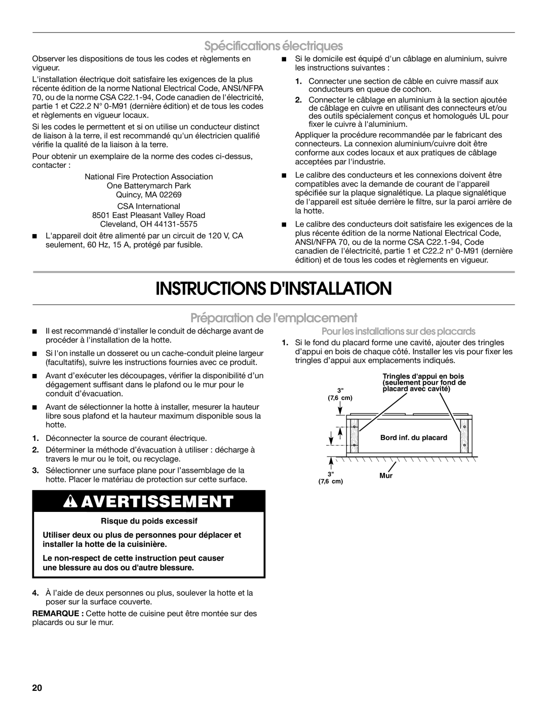 Jenn-Air W10274318A, LI3V3A Instructions Dinstallation, Spécifications électriques, Préparation de lemplacement 