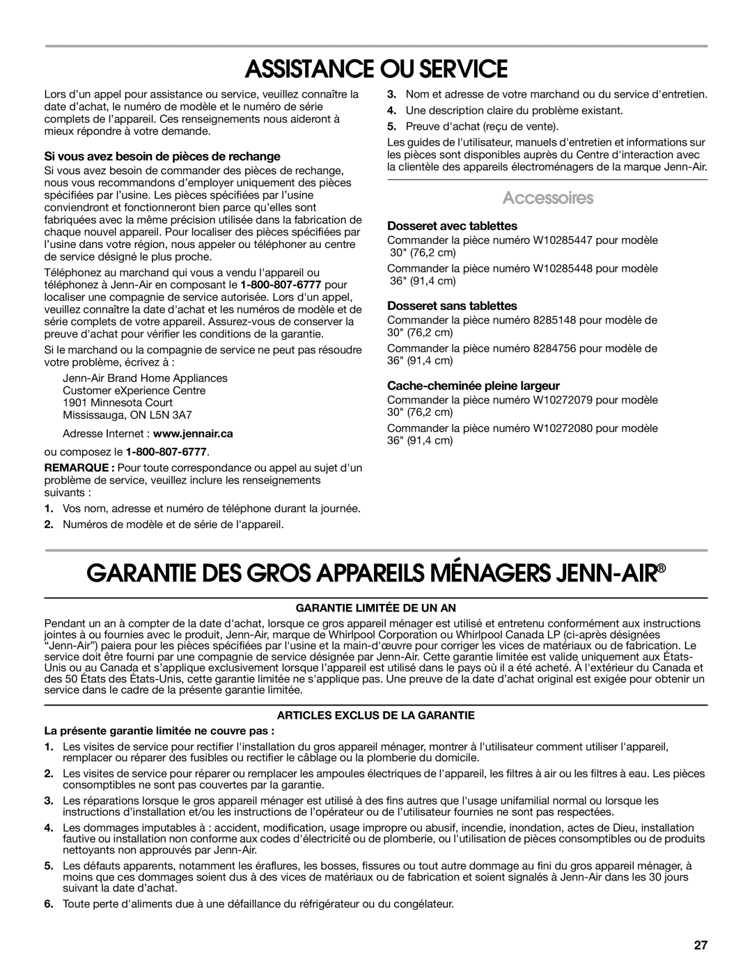 Jenn-Air LI3V3A, W10274318A installation instructions Assistance OU Service, Accessoires 