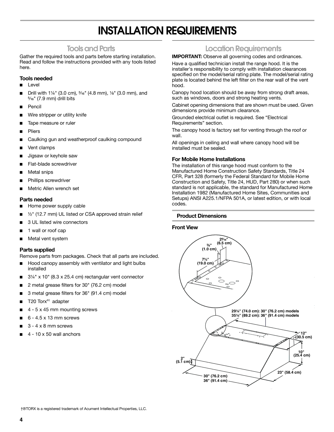 Jenn-Air W10274318A, LI3V3A installation instructions Installation Requirements, Tools and Parts, Location Requirements 