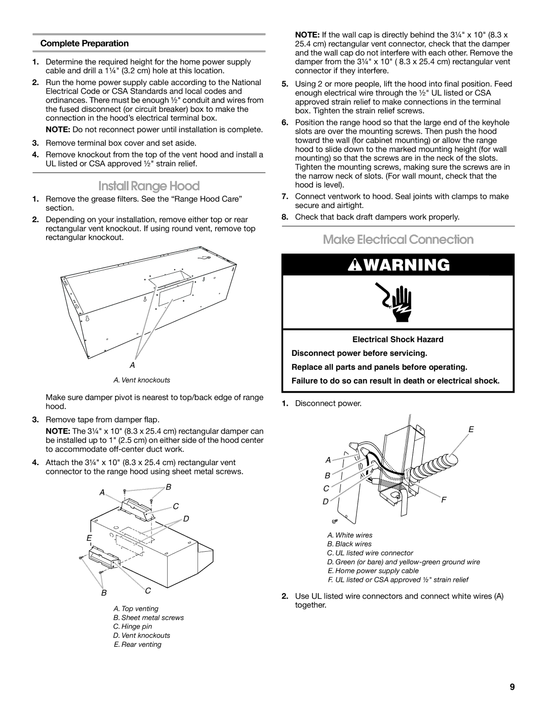 Jenn-Air LI3V3A, W10274318A installation instructions Install Range Hood, Make Electrical Connection, Complete Preparation 