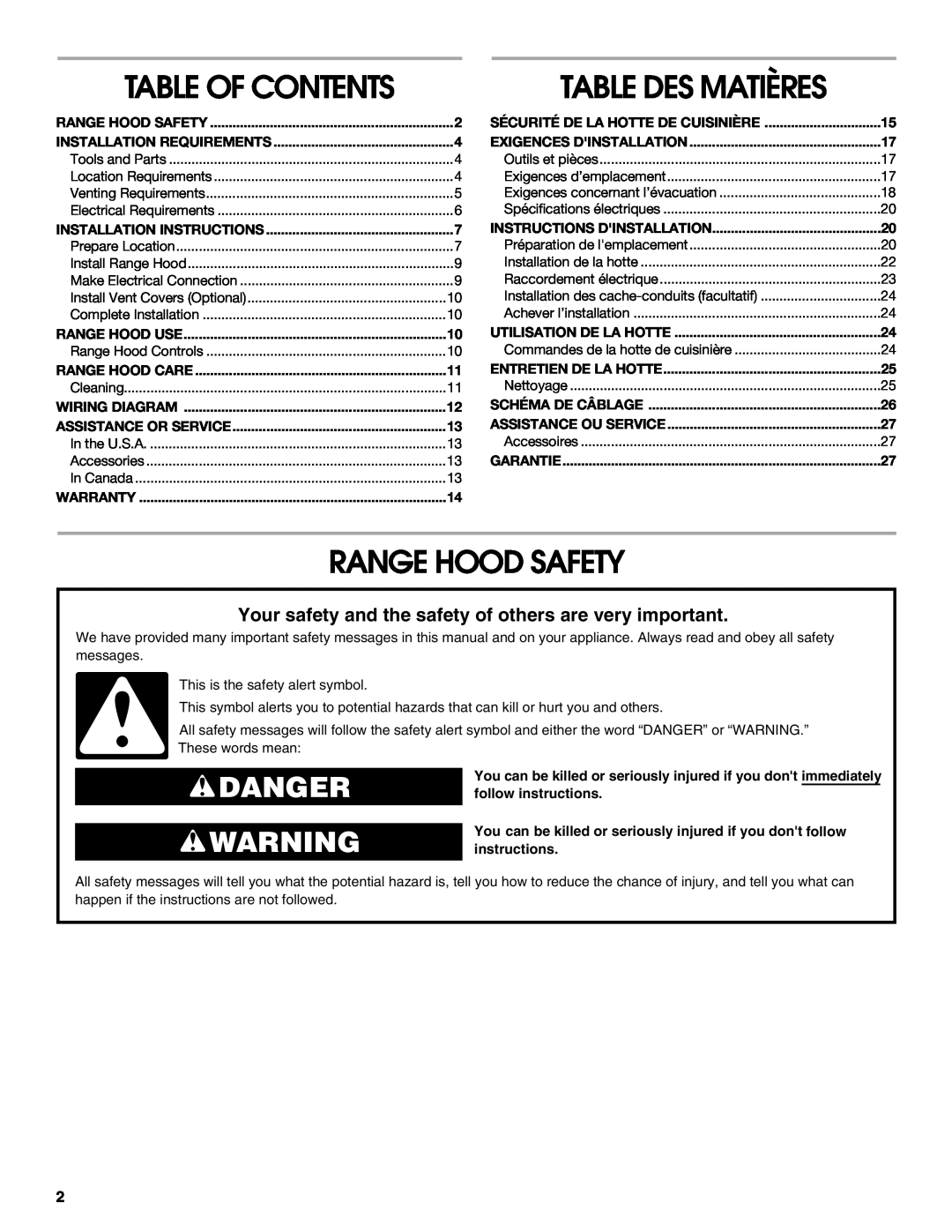 Jenn-Air W10274318A Range Hood Safety, Table Des Matières, Danger, Table Of Contents, Installation Requirements, Warranty 