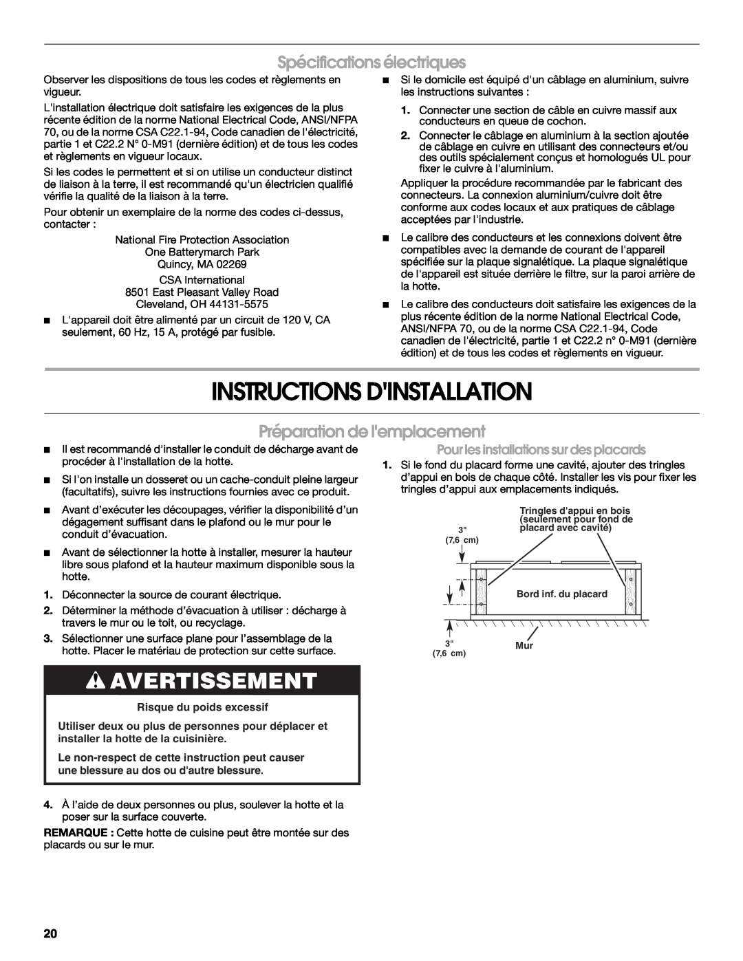 Jenn-Air W10274318A Instructions Dinstallation, Avertissement, Spécifications électriques, Préparation de lemplacement 
