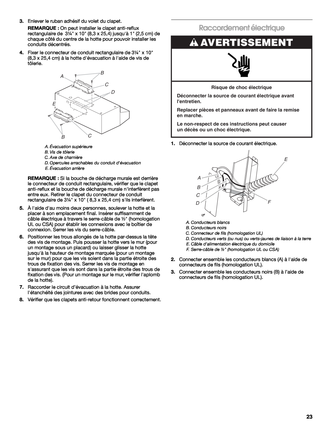 Jenn-Air LI3V3A, W10274318A installation instructions Raccordement électrique, E A B C D F, Avertissement 