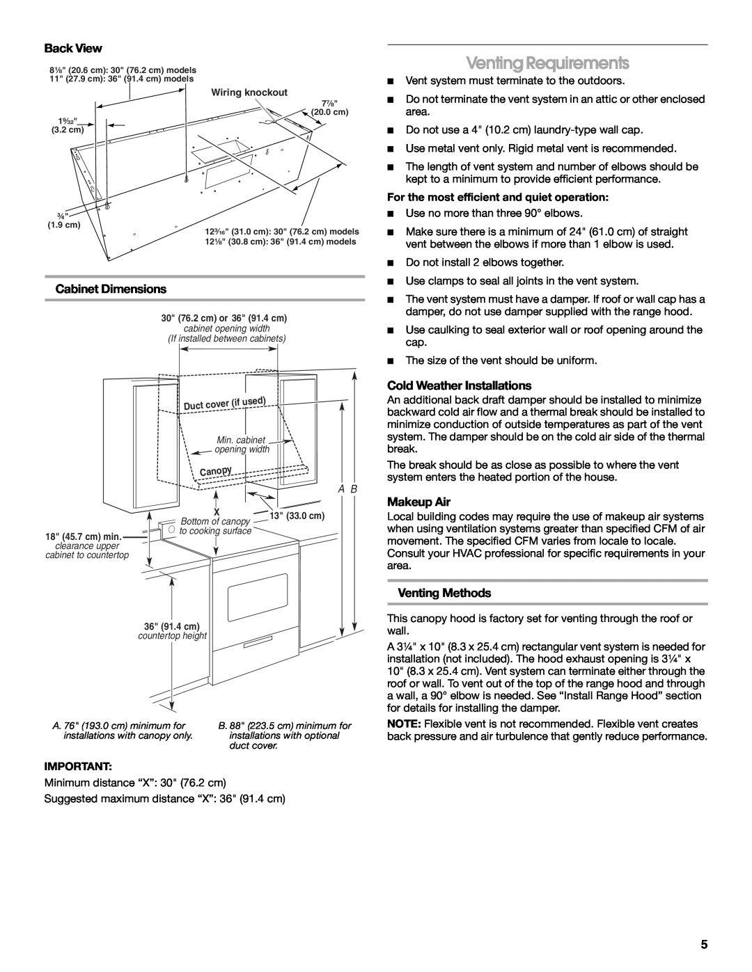 Jenn-Air LI3V3A, W10274318A Venting Requirements, Back View, Cabinet Dimensions, Cold Weather Installations, Makeup Air 
