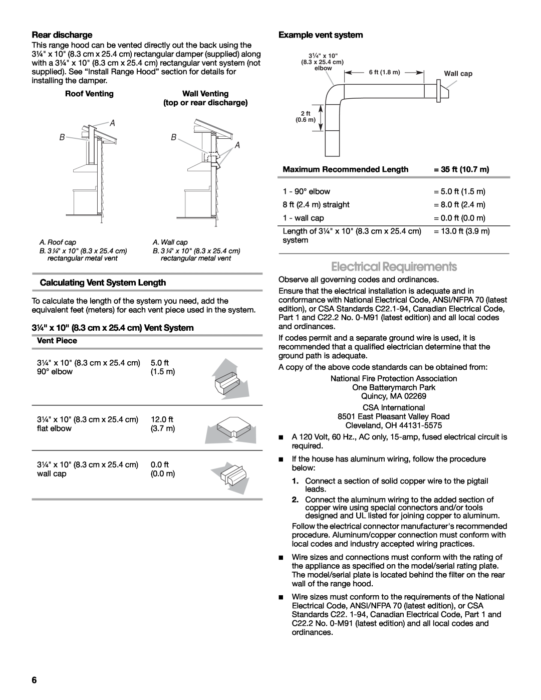 Jenn-Air W10274318A, LI3V3A Electrical Requirements, Rear discharge, Example vent system, Calculating Vent System Length 