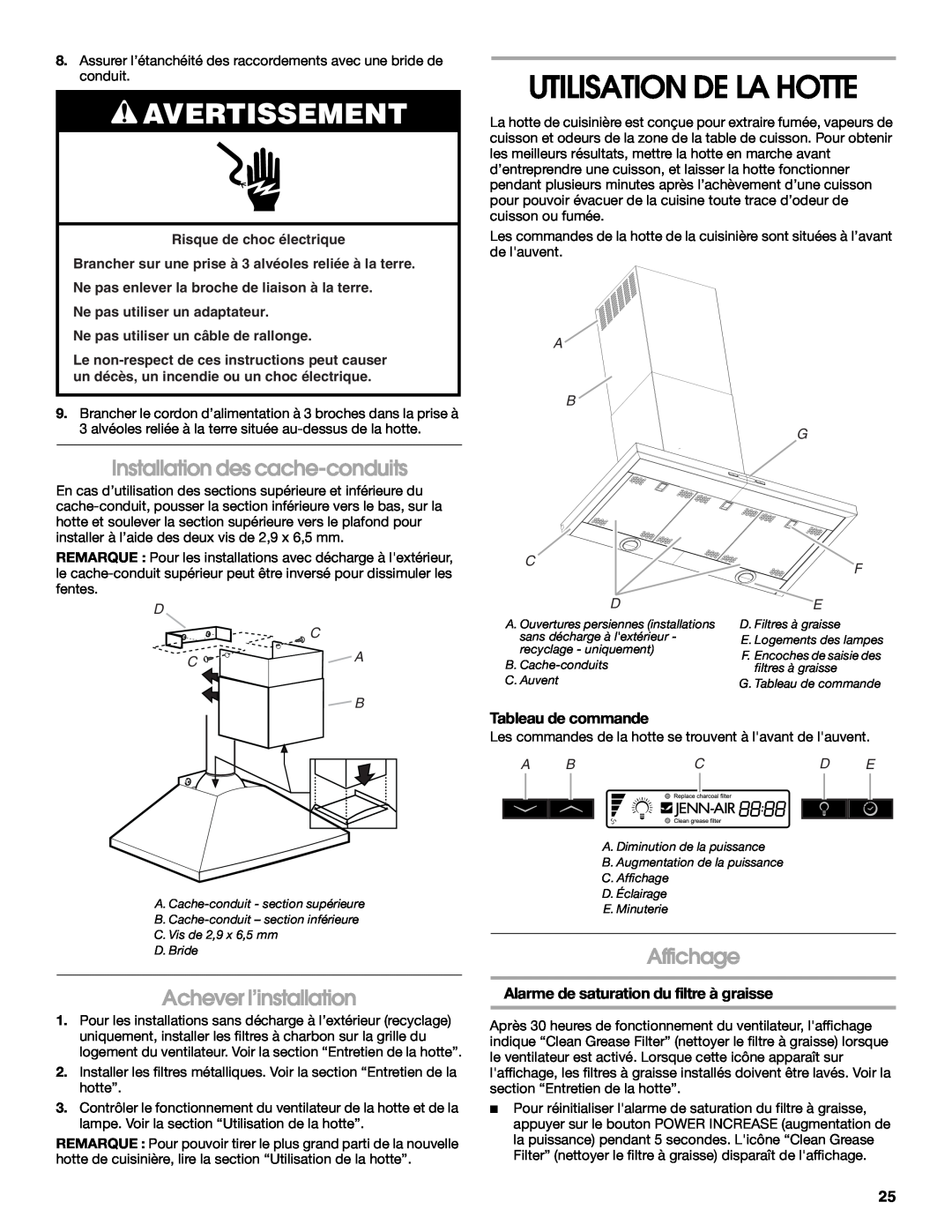 Jenn-Air LI3UUB Utilisation De La Hotte, Installation des cache-conduits, Achever l’installation, Affichage, Avertissement 