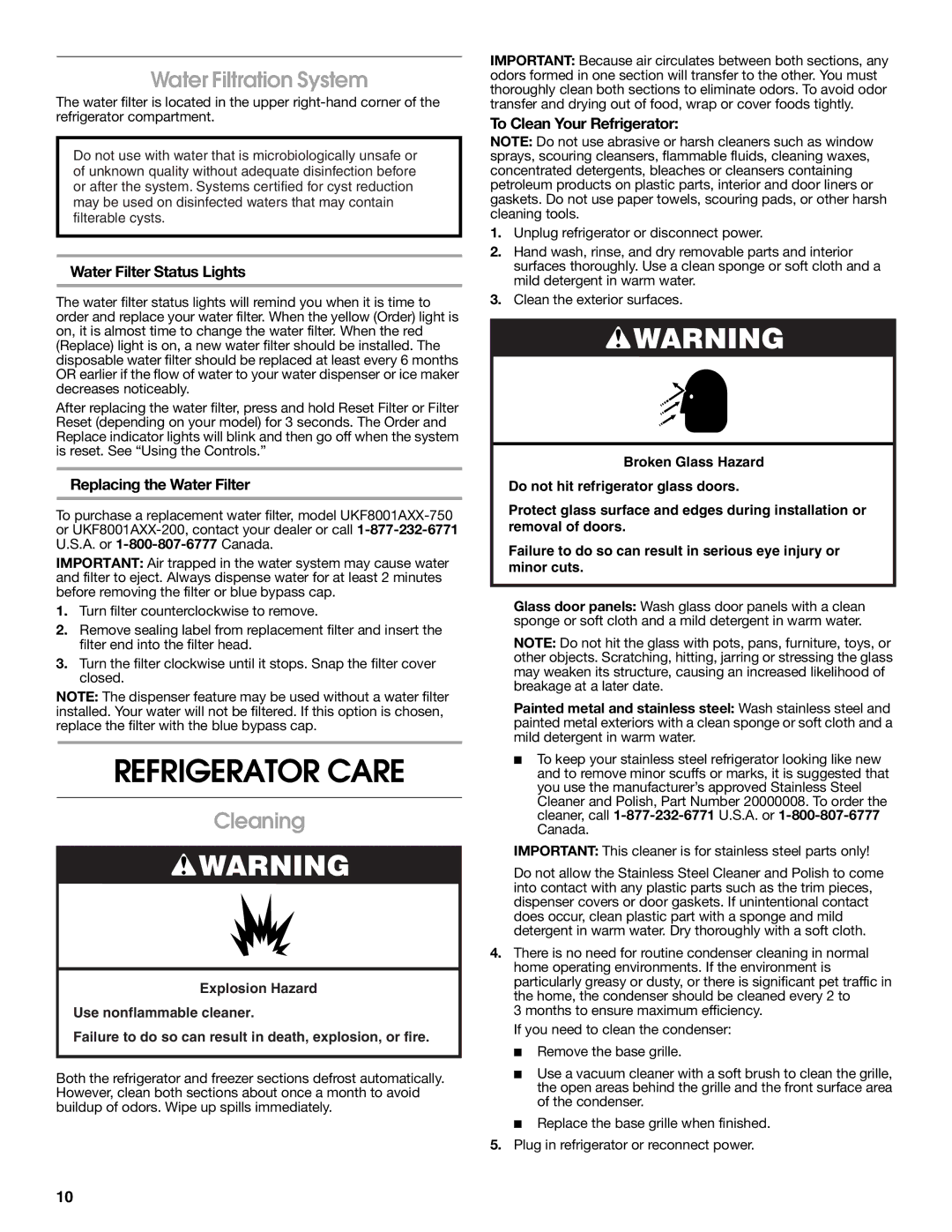 Jenn-Air W10276070A installation instructions Refrigerator Care, Water Filtration System, Cleaning 