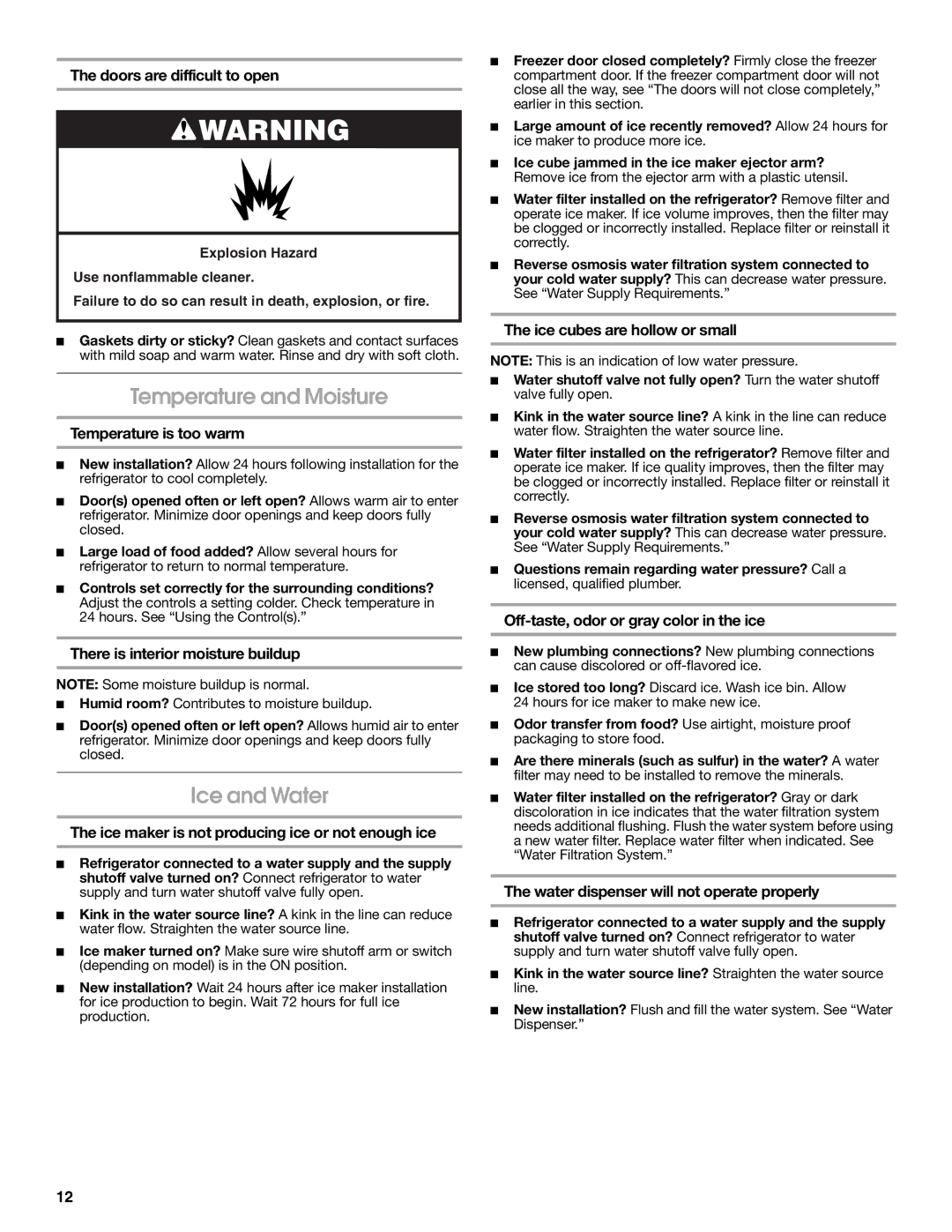 Jenn-Air W10276070A installation instructions Temperature and Moisture, Ice and Water 