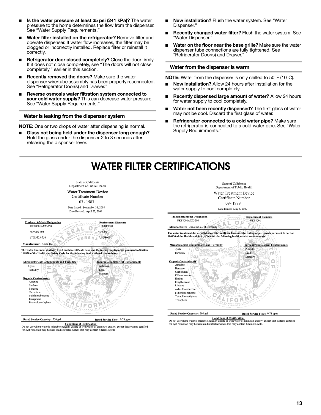 Jenn-Air W10276070A installation instructions Water Filter Certifications, Water is leaking from the dispenser system 