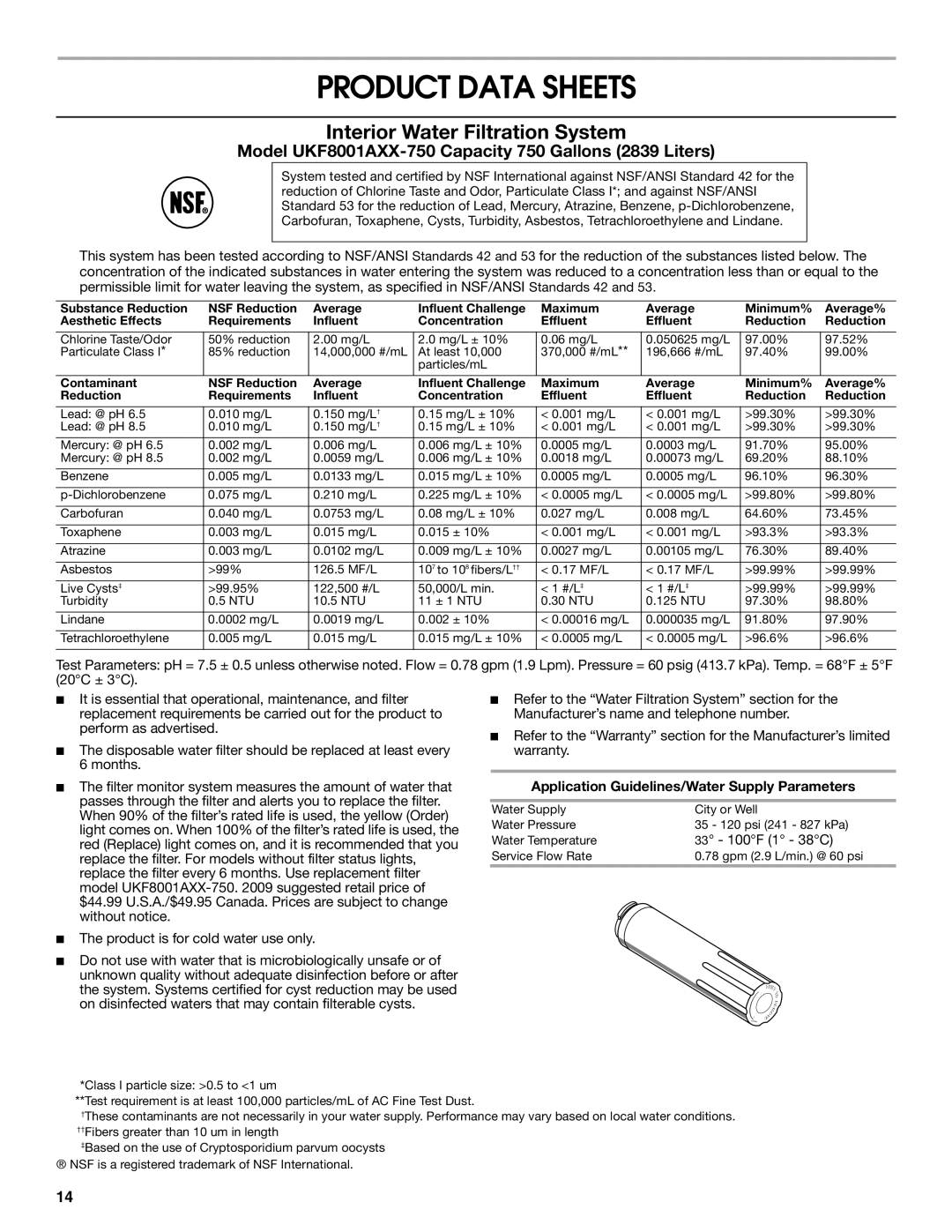 Jenn-Air W10276070A installation instructions Product Data Sheets, Interior Water Filtration System 