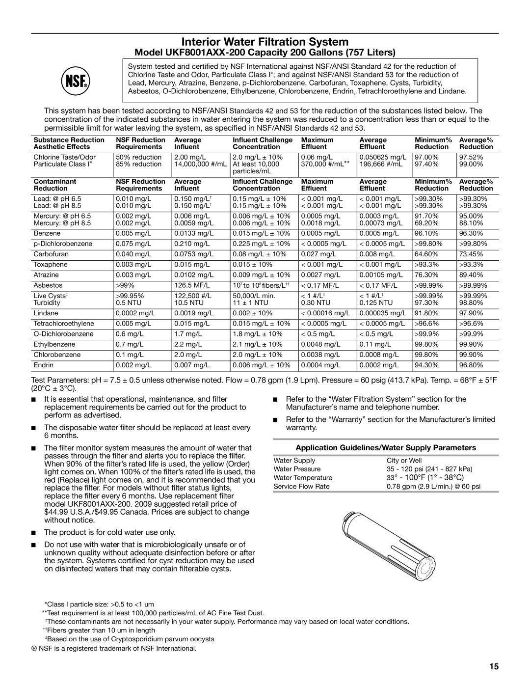 Jenn-Air W10276070A installation instructions Model UKF8001AXX-200 Capacity 200 Gallons 757 Liters 