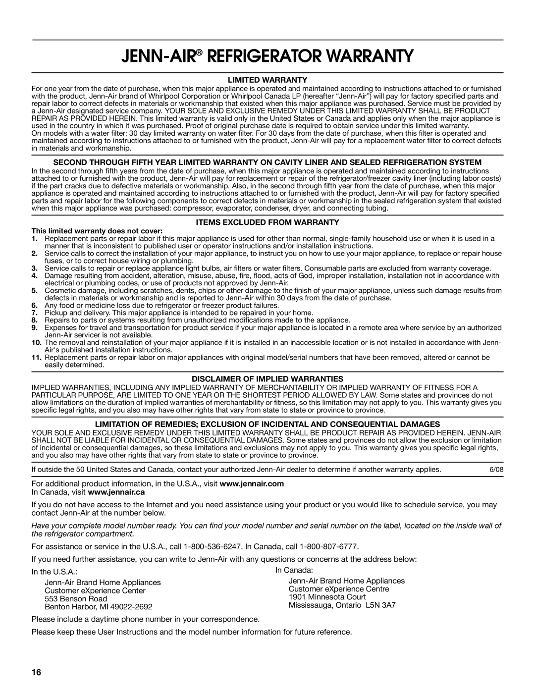 Jenn-Air W10276070A installation instructions JENN-AIRREFRIGERATOR Warranty, Limited Warranty, Items Excluded from Warranty 