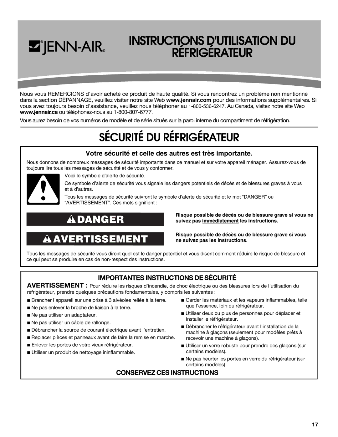 Jenn-Air W10276070A installation instructions Instructions Dutilisation DU Réfrigérateur, Sécurité DU Réfrigérateur 