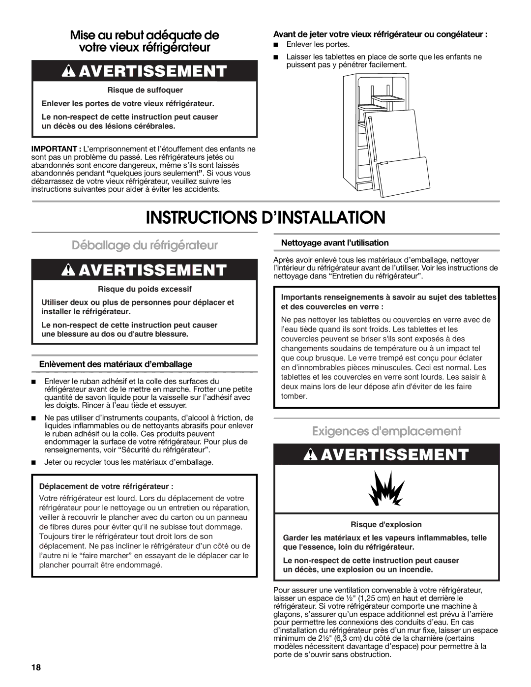 Jenn-Air W10276070A Instructions D’INSTALLATION, Déballage du réfrigérateur, Exigences demplacement 