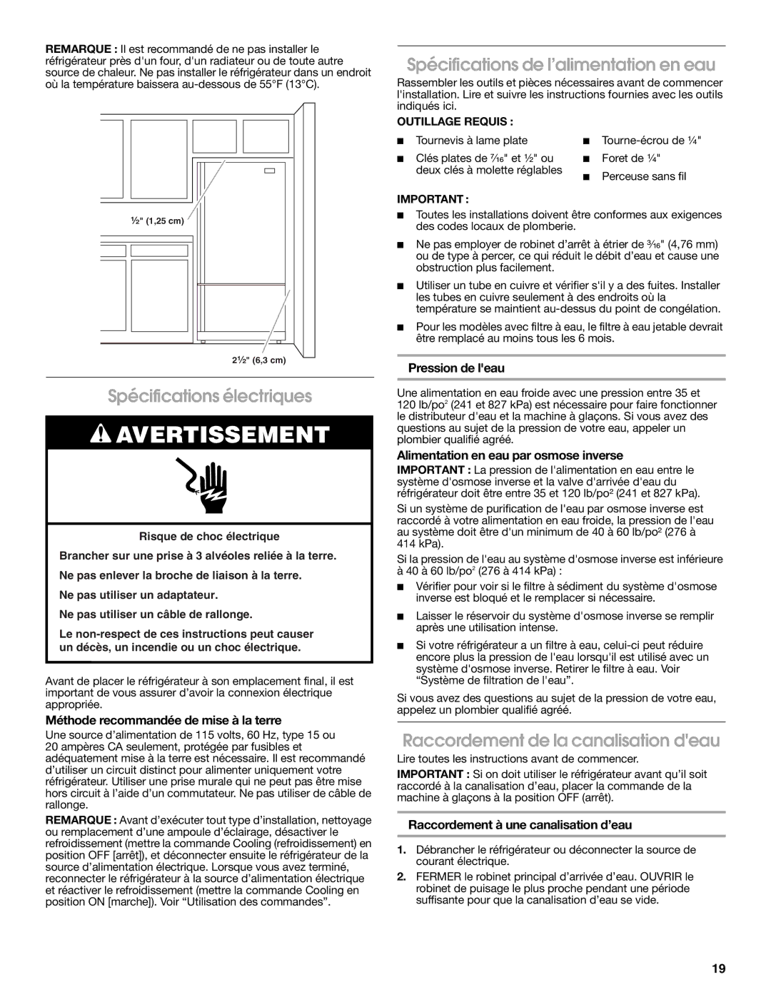 Jenn-Air W10276070A installation instructions Spécifications électriques, Spécifications de l’alimentation en eau 