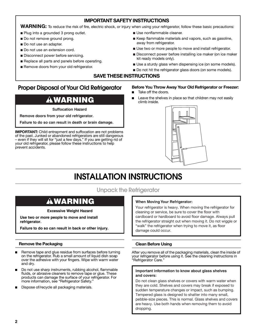 Jenn-Air W10276070A Installation Instructions, Unpack the Refrigerator, Remove the Packaging, Clean Before Using 