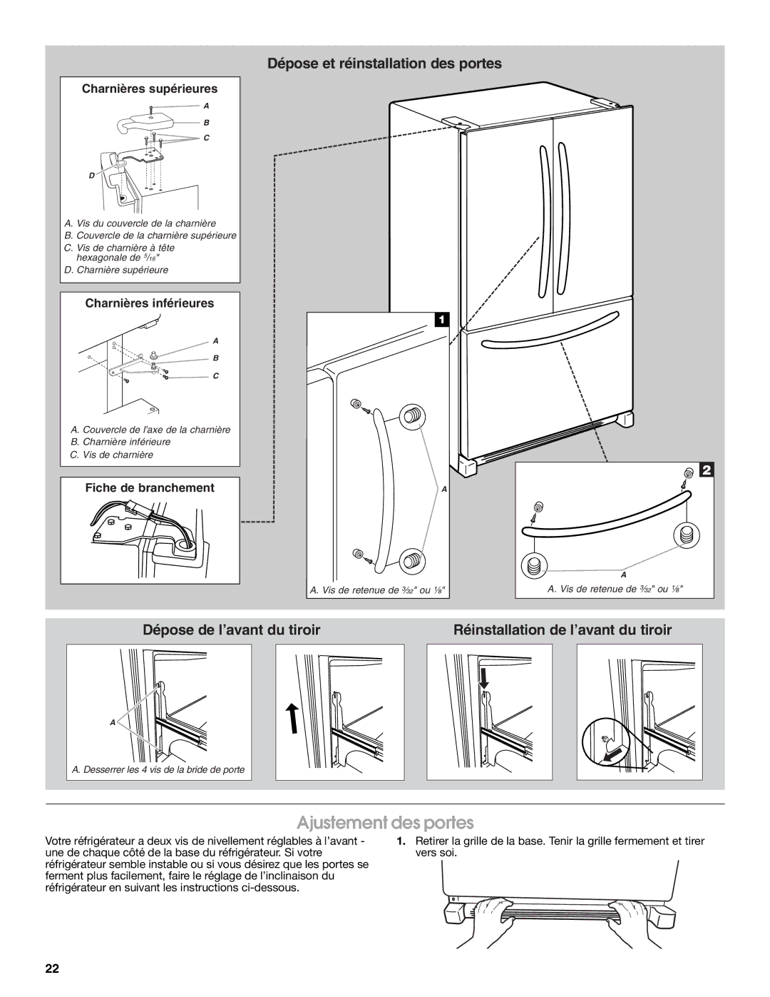 Jenn-Air W10276070A installation instructions Ajustement des portes, Charnières supérieures 