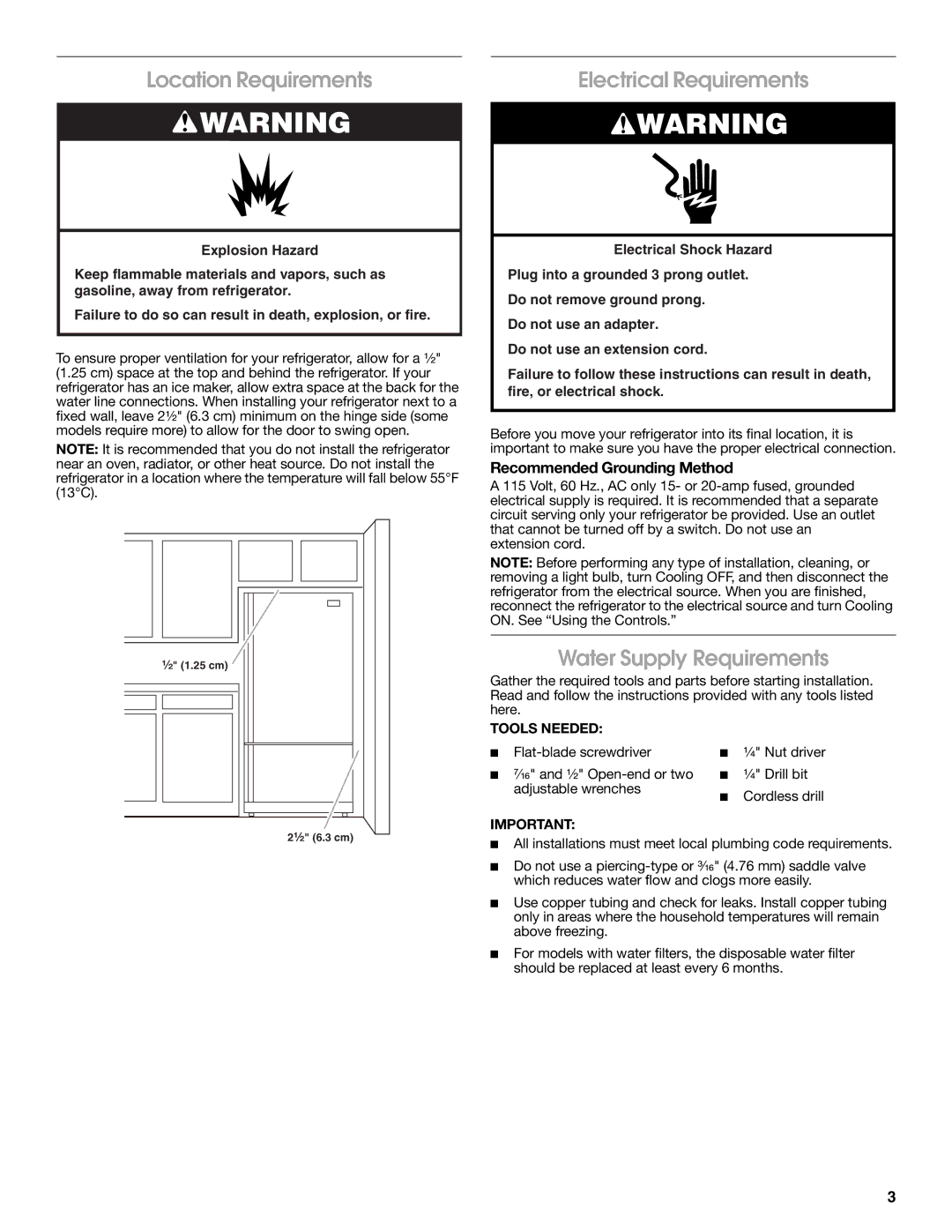 Jenn-Air W10276070A Location Requirements, Electrical Requirements, Water Supply Requirements, Tools Needed 