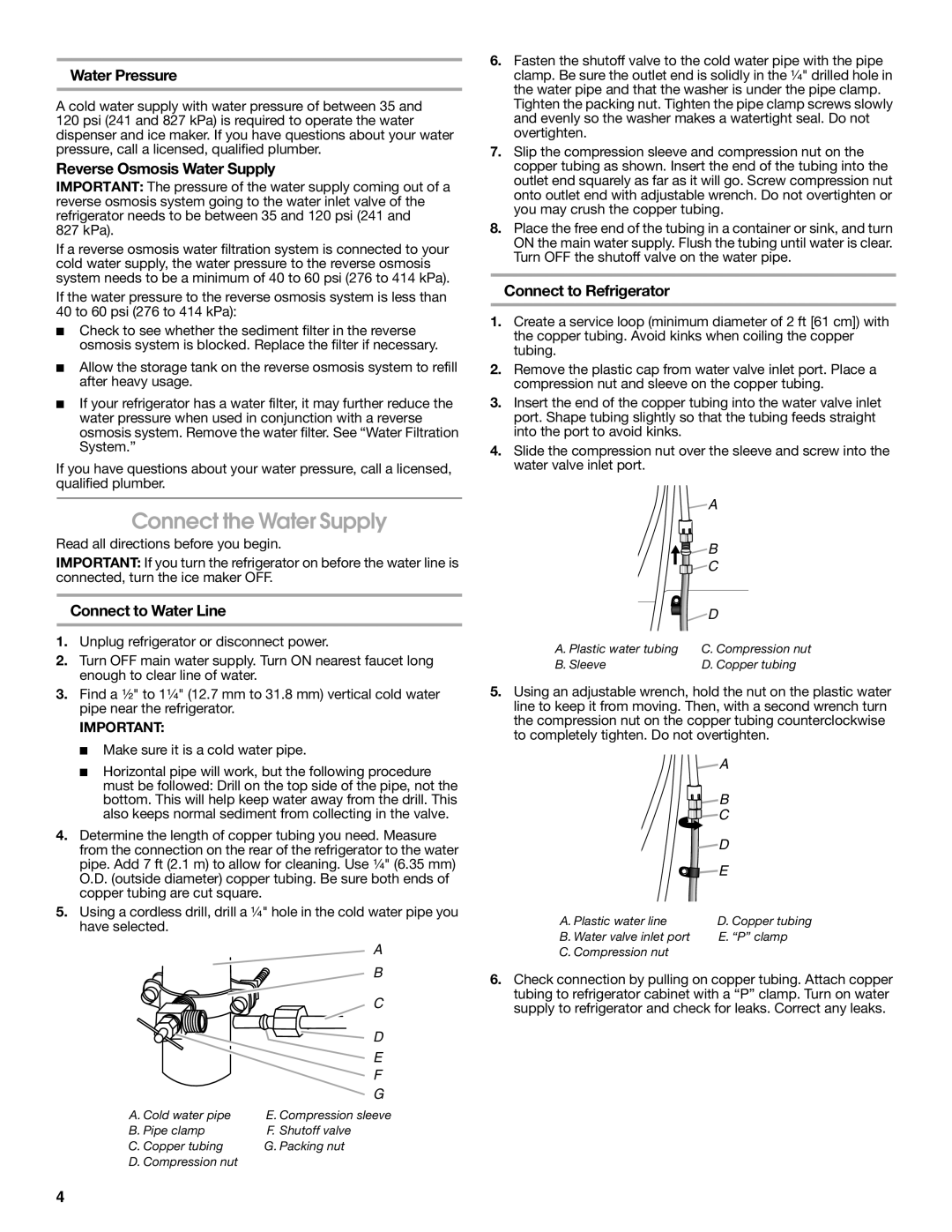 Jenn-Air W10276070A Connect the Water Supply, Water Pressure, Reverse Osmosis Water Supply, Connect to Water Line 