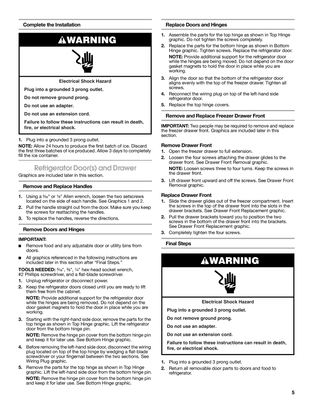 Jenn-Air W10276070A installation instructions Refrigerator Doors and Drawer 