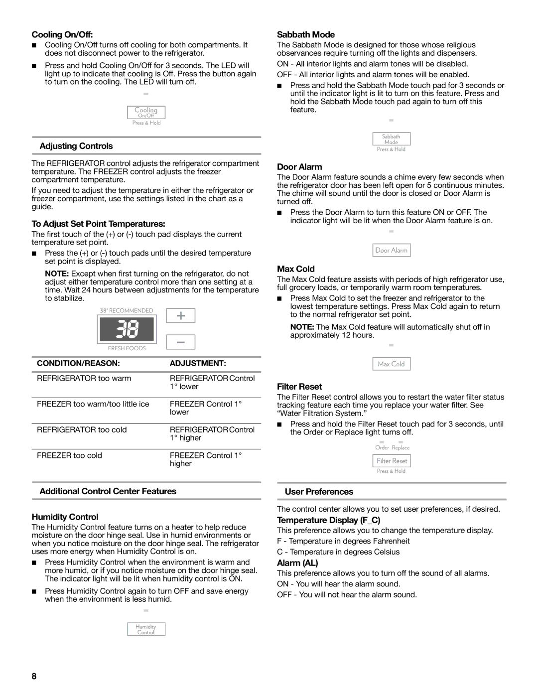 Jenn-Air W10276070A Cooling On/Off, Sabbath Mode, Adjusting Controls, To Adjust Set Point Temperatures, Door Alarm 