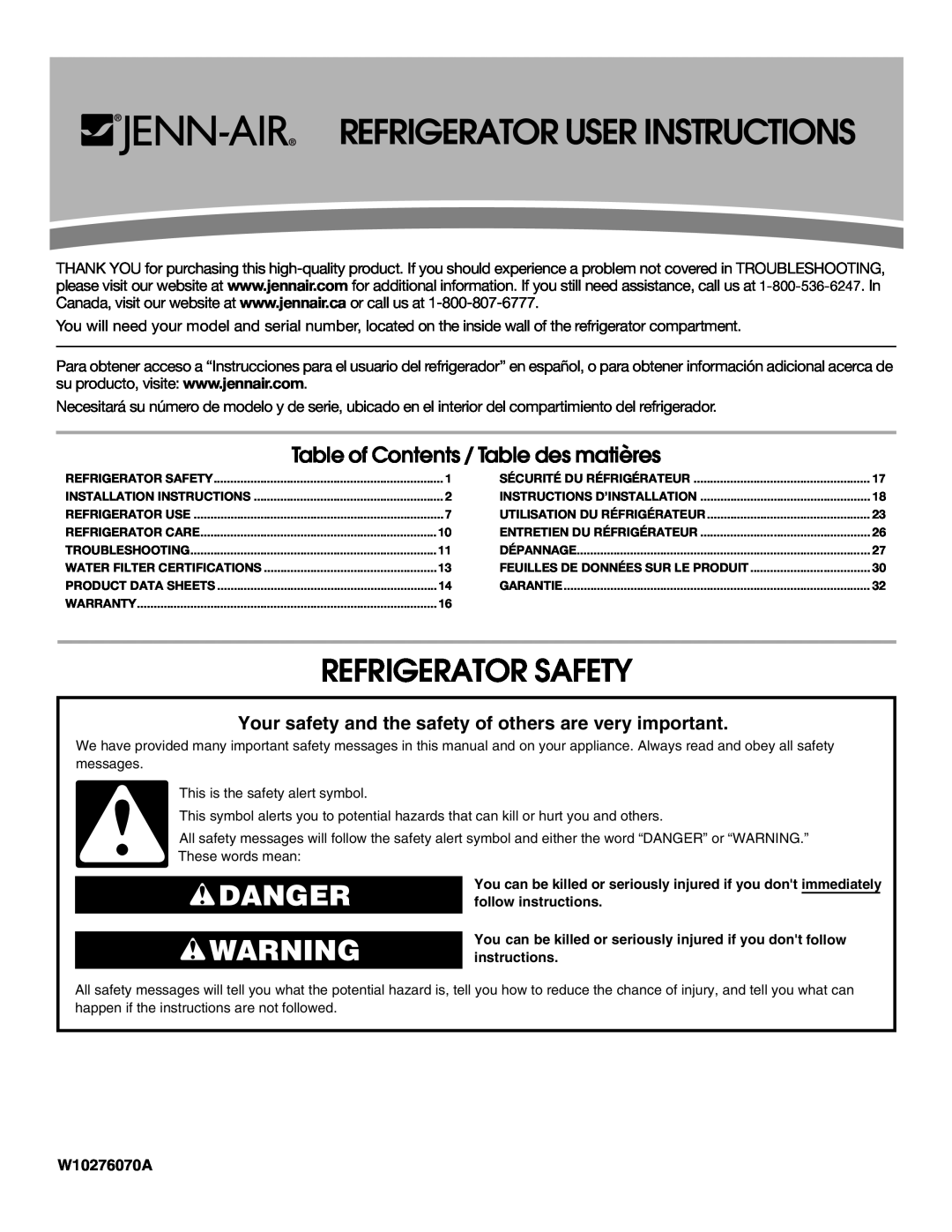 Jenn-Air W10276070A installation instructions Refrigerator Safety, Danger, Table of Contents / Table des matières 
