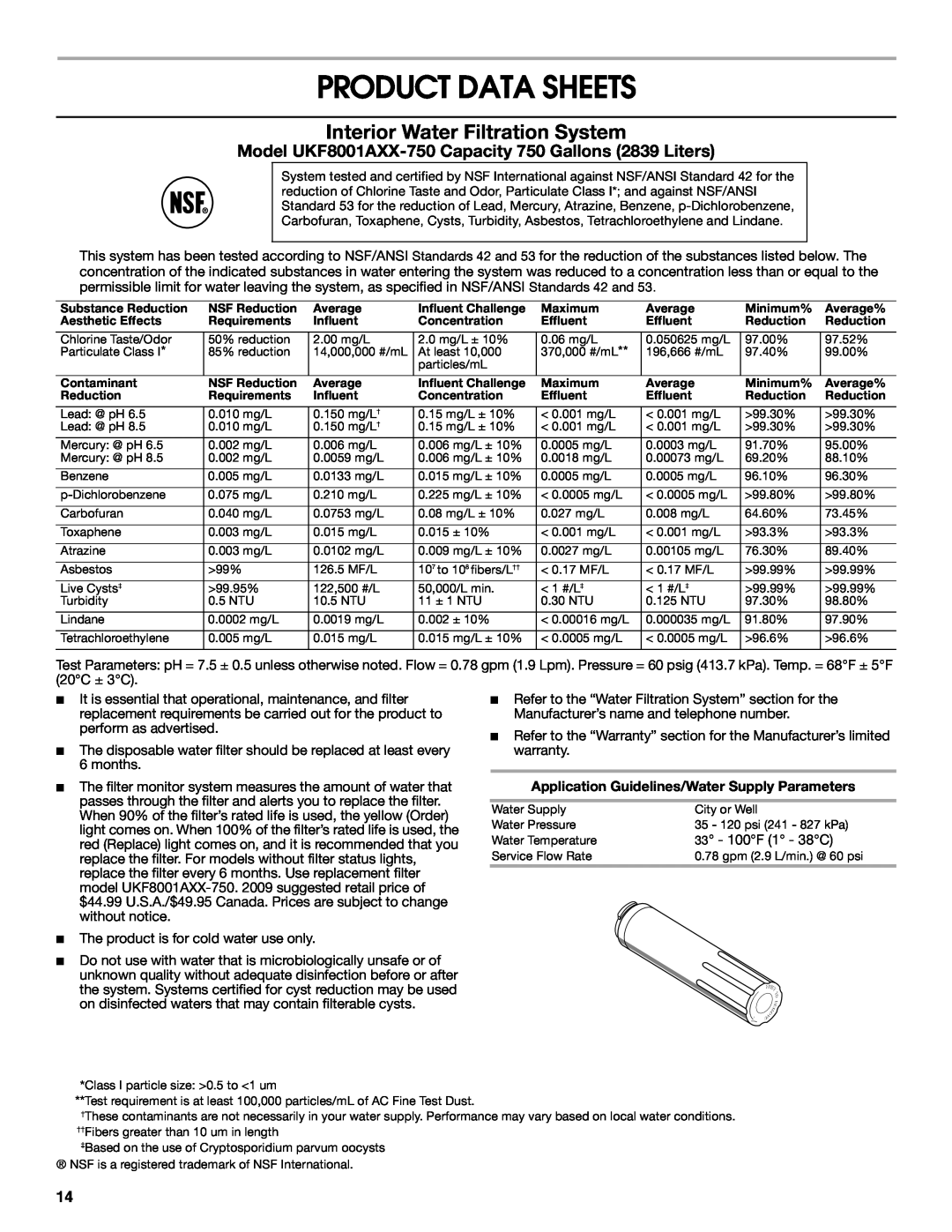 Jenn-Air W10276070A installation instructions Product Data Sheets, Interior Water Filtration System 