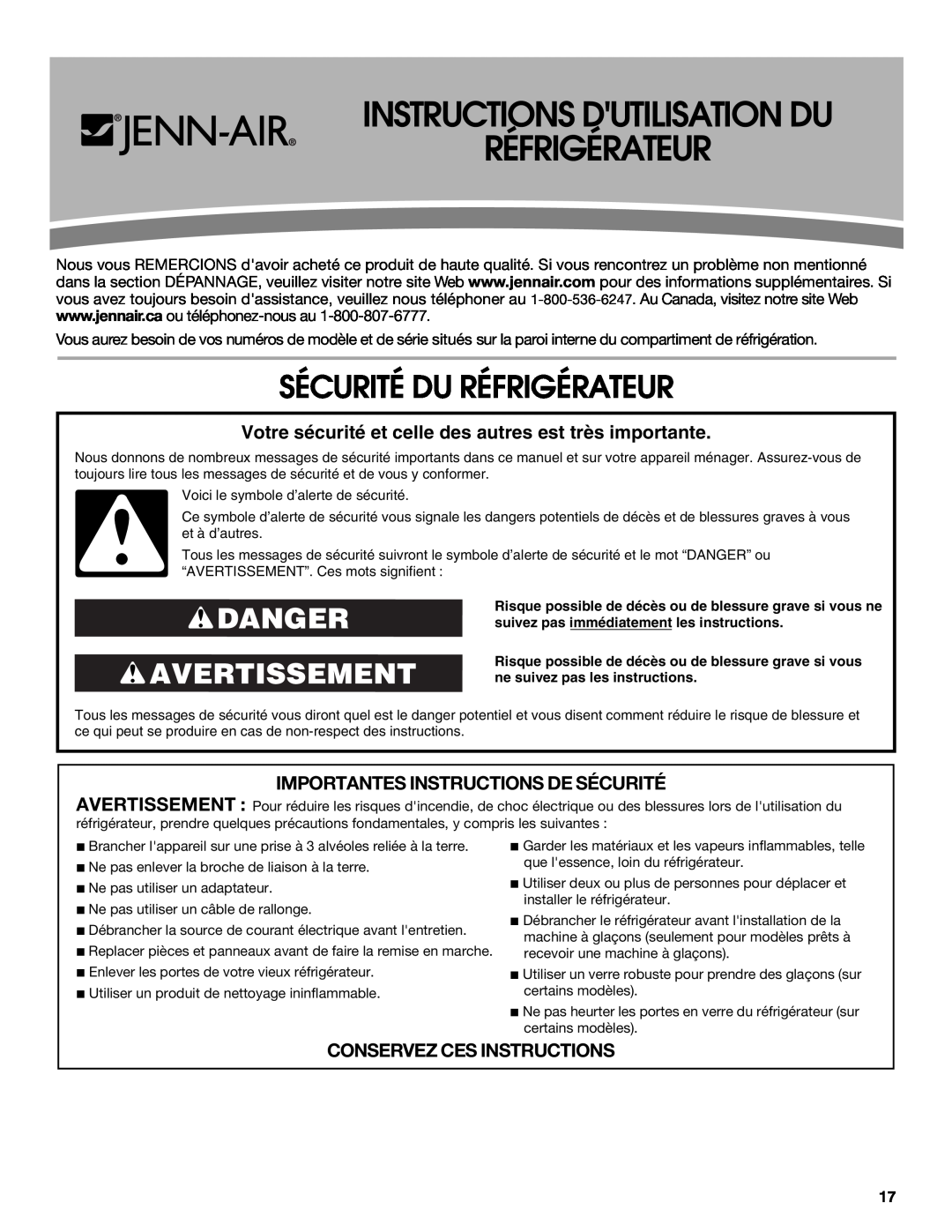 Jenn-Air W10276070A Sécurité Du Réfrigérateur, Danger Avertissement, Importantes Instructions De Sécurité 