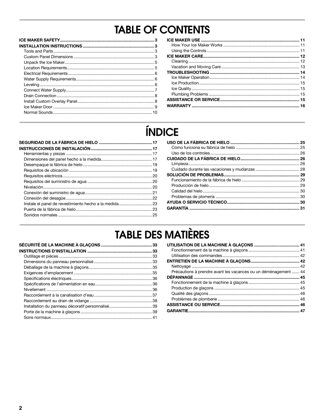 Jenn-Air W10282143B manual Table of Contents, Índice, Table DES Matières 