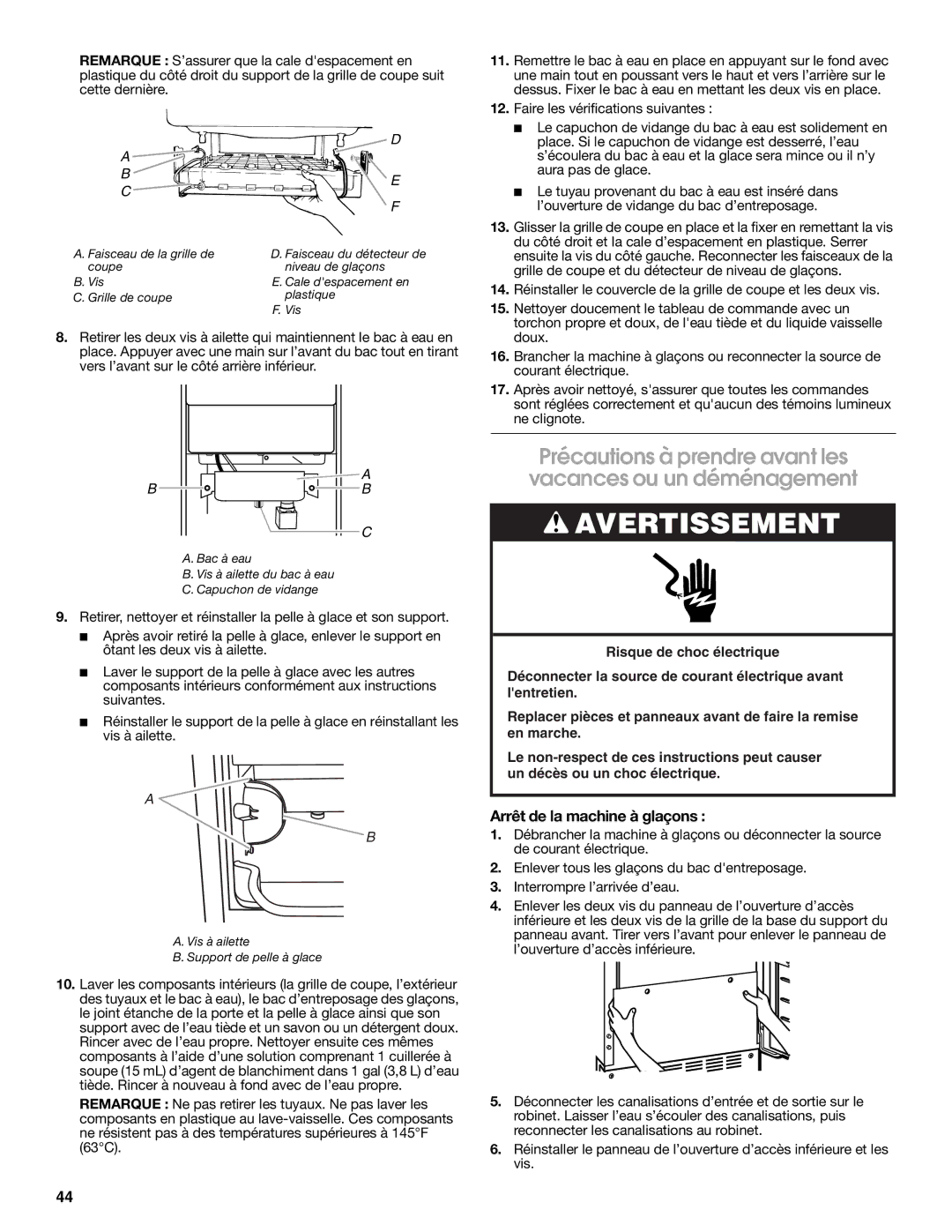 Jenn-Air W10282143B manual Précautions à prendre avant les vacances ou un déménagement, Arrêt de la machine à glaçons 