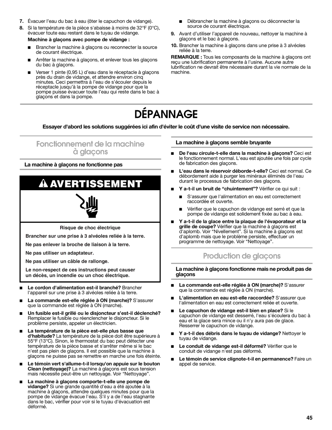 Jenn-Air W10282143B manual Dépannage, Production de glaçons, La machine à glaçons ne fonctionne pas 