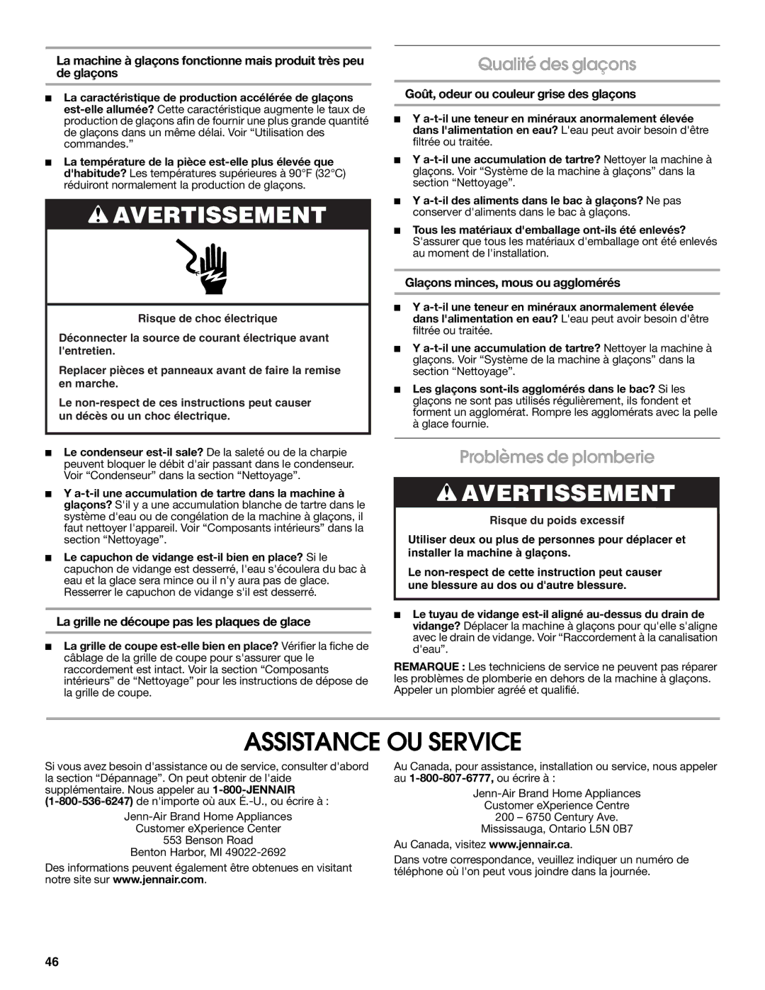 Jenn-Air W10282143B manual Assistance OU Service, Qualité des glaçons, Problèmes de plomberie 