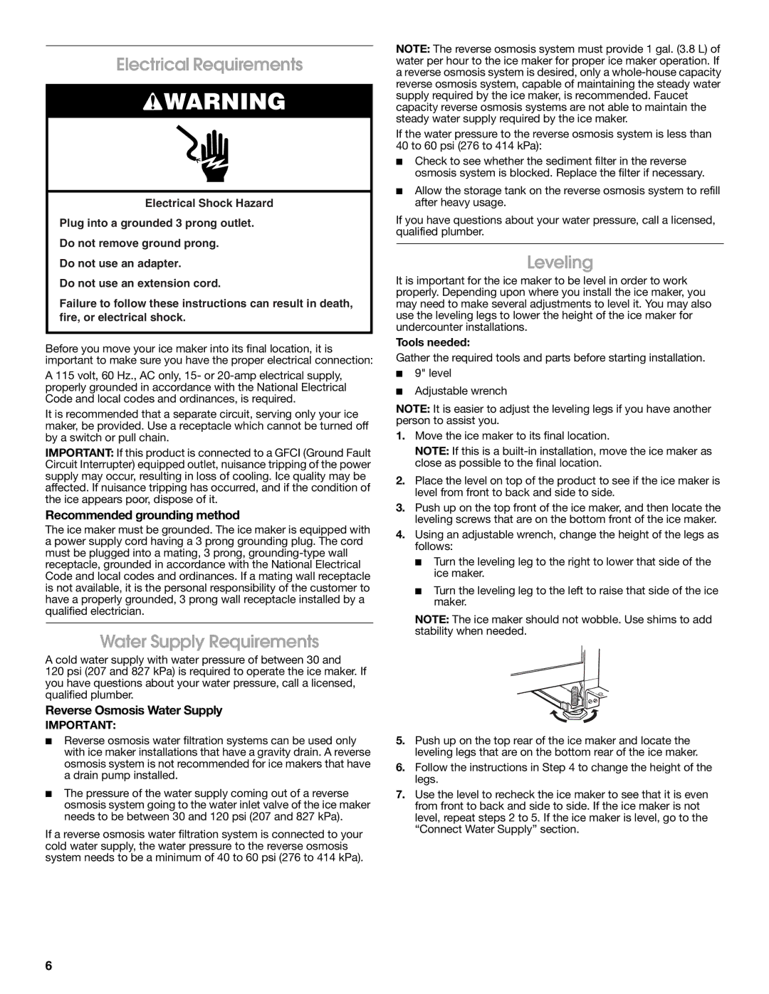 Jenn-Air W10282143B manual Electrical Requirements, Water Supply Requirements, Leveling, Recommended grounding method 