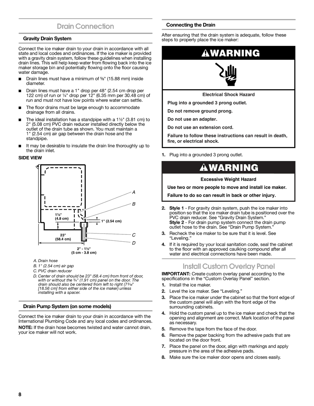 Jenn-Air W10282143B Drain Connection, Install Custom Overlay Panel, Gravity Drain System, Drain Pump System on some models 