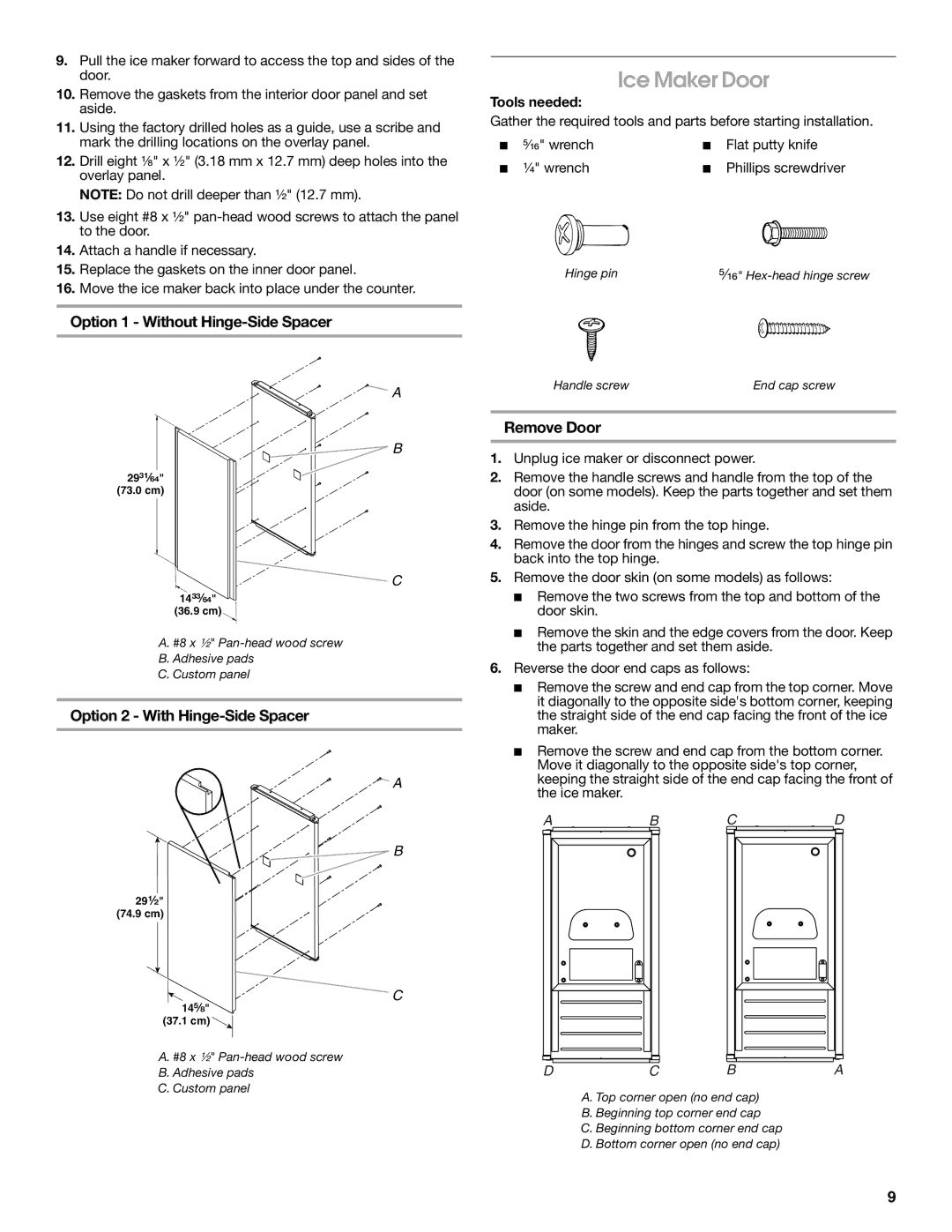 Jenn-Air W10282143B manual Ice Maker Door, Remove Door, Hinge pin, #8 x ¹⁄₂ Pan-head wood screw Adhesive pads Custom panel 