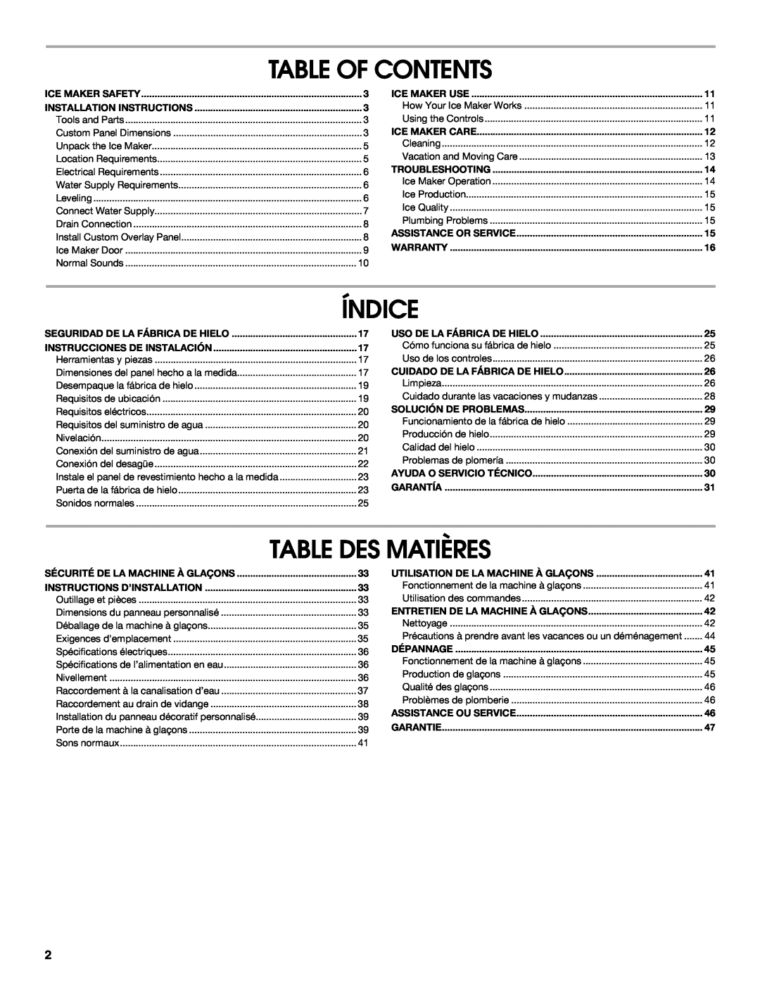 Jenn-Air W10282143B manual Table Of Contents, Índice, Table Des Matières, Seguridad De La Fábrica De Hielo 