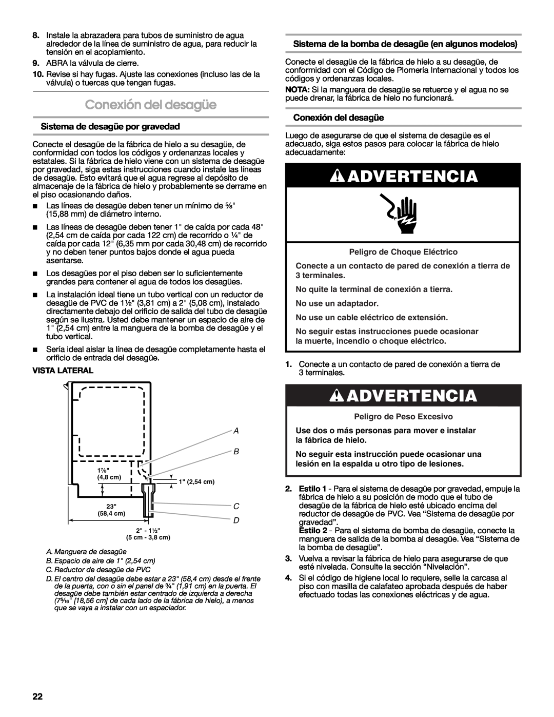 Jenn-Air W10282143B manual Conexión del desagüe, Sistema de desagüe por gravedad, Advertencia, Peligro de Choque Eléctrico 