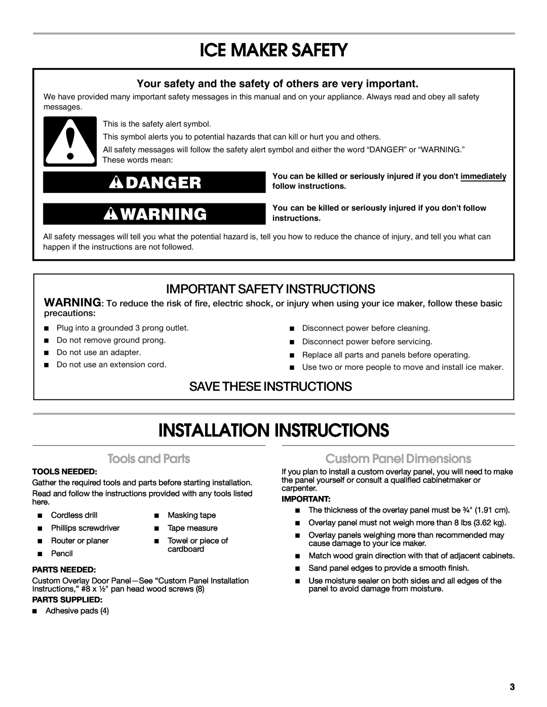 Jenn-Air W10282143B Ice Maker Safety, Installation Instructions, Danger, Important Safety Instructions, Tools and Parts 