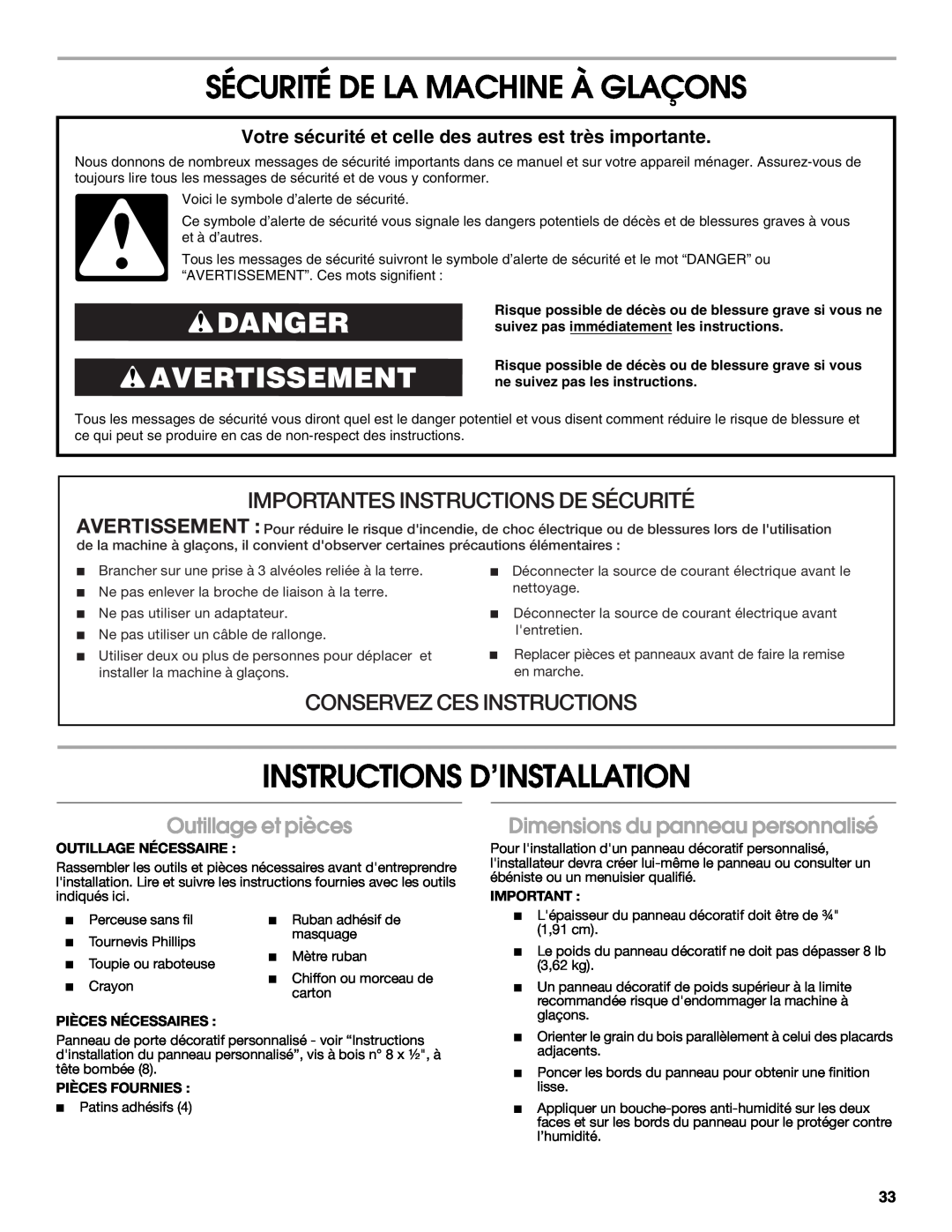 Jenn-Air W10282143B manual Sécurité De La Machine À Glaçons, Instructions D’Installation, Danger Avertissement 