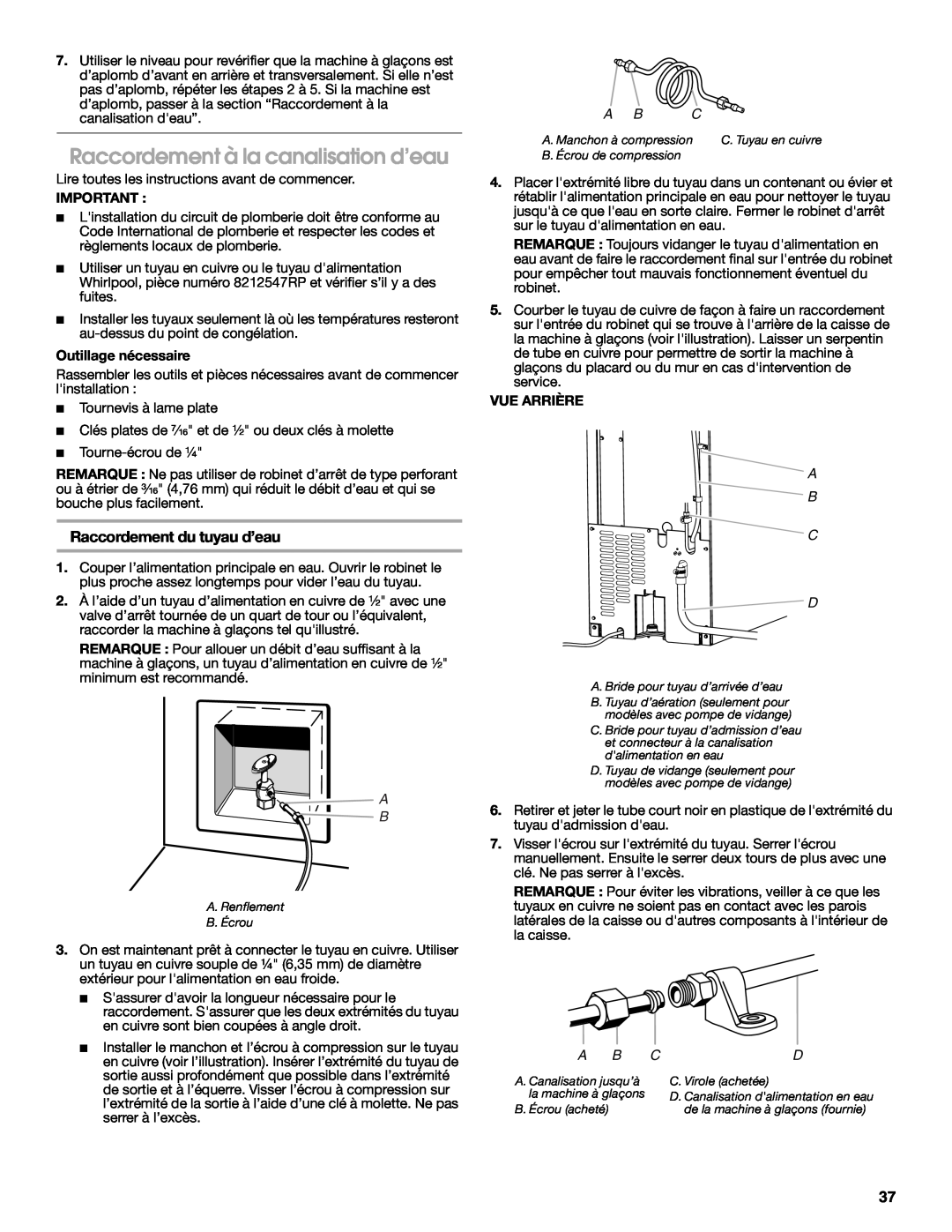Jenn-Air W10282143B manual Raccordement à la canalisation d’eau, Raccordement du tuyau d’eau, A B C D 