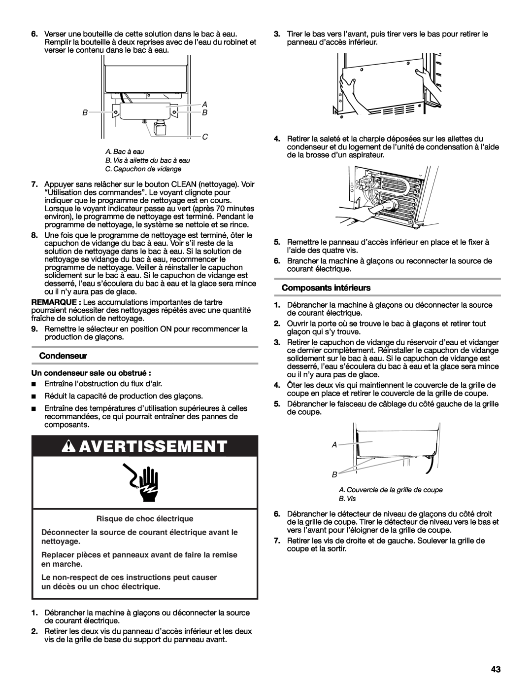 Jenn-Air W10282143B manual Condenseur, Composants intérieurs, Risque de choc électrique, Avertissement 