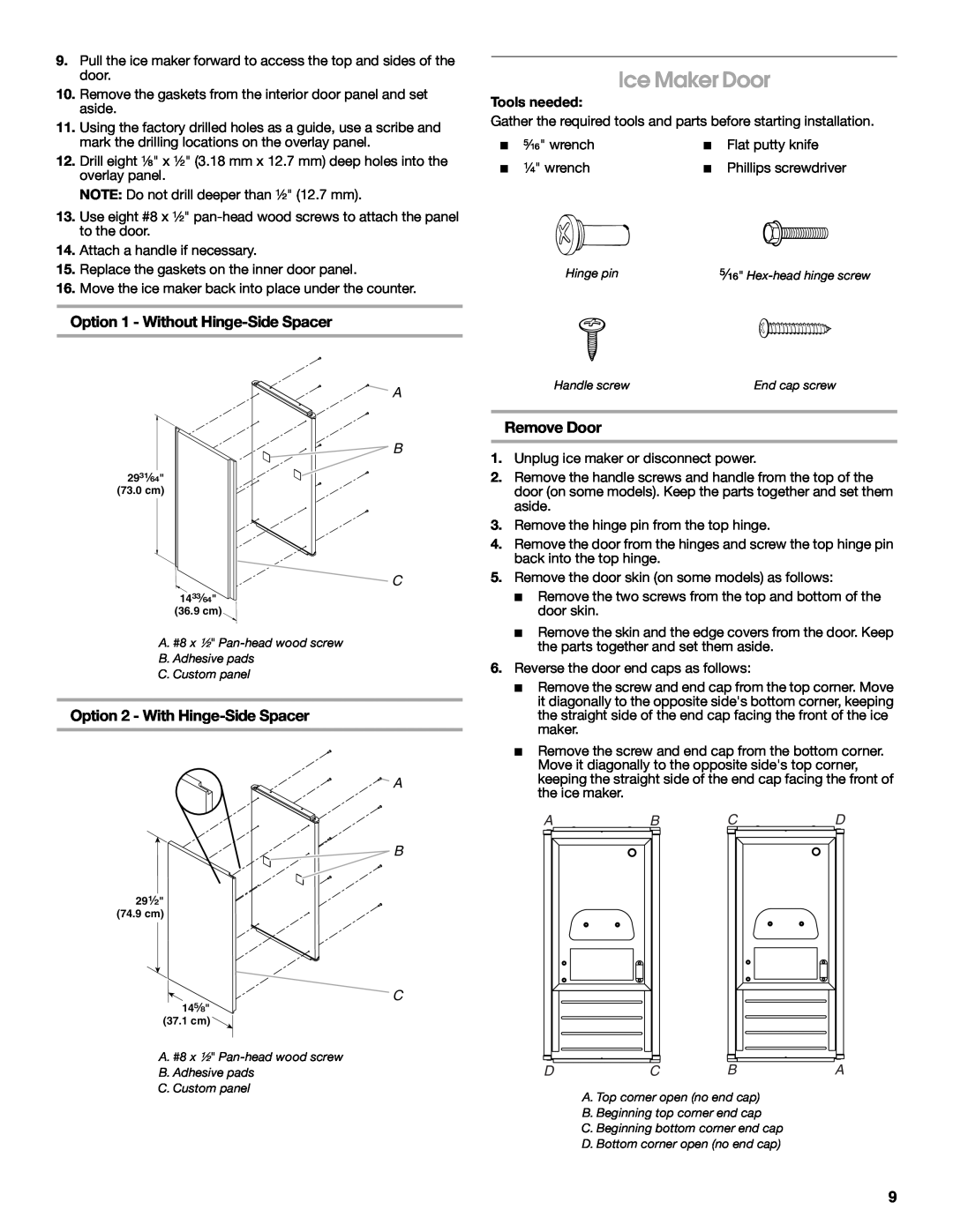 Jenn-Air W10282143B manual Ice Maker Door, Remove Door, Ab Cd Dc Ba, Option 1 - Without Hinge-Side Spacer 