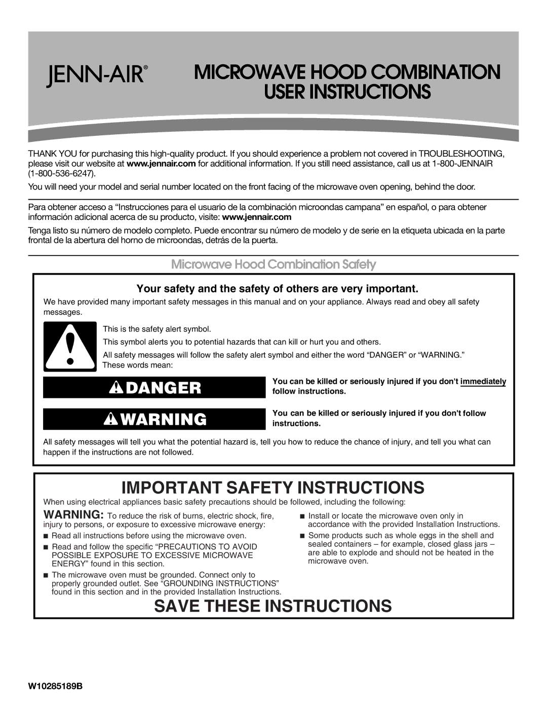 Jenn-Air W10285189B important safety instructions Important Safety Instructions, Microwave Hood Combination Safety 