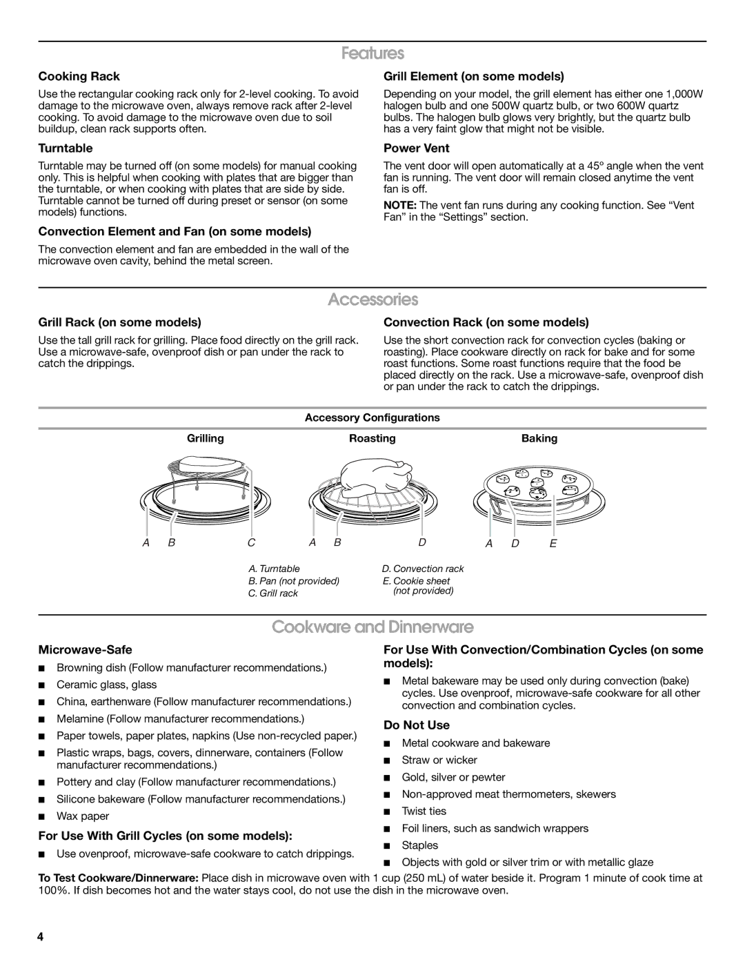 Jenn-Air W10285189B important safety instructions Features, Accessories, Cookware and Dinnerware 