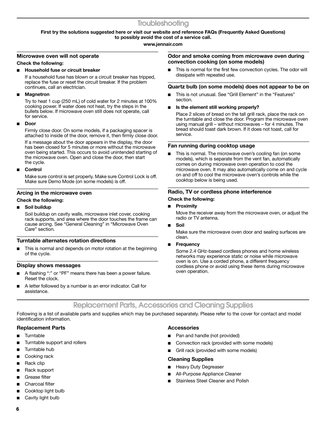 Jenn-Air W10285189B important safety instructions Troubleshooting, Replacement Parts, Accessories and Cleaning Supplies 