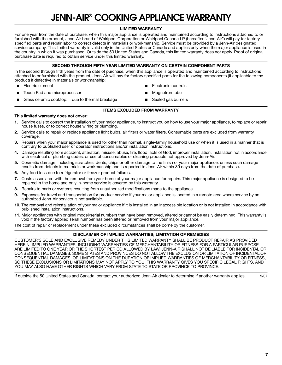 Jenn-Air W10285189B important safety instructions JENN-AIRCOOKING Appliance Warranty, This limited warranty does not cover 